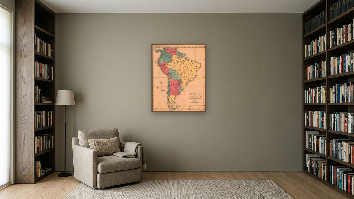 South America, shown at 32 × 40 in (81.3 × 101.6 cm) on canvas in Arber Warm Walnut, library