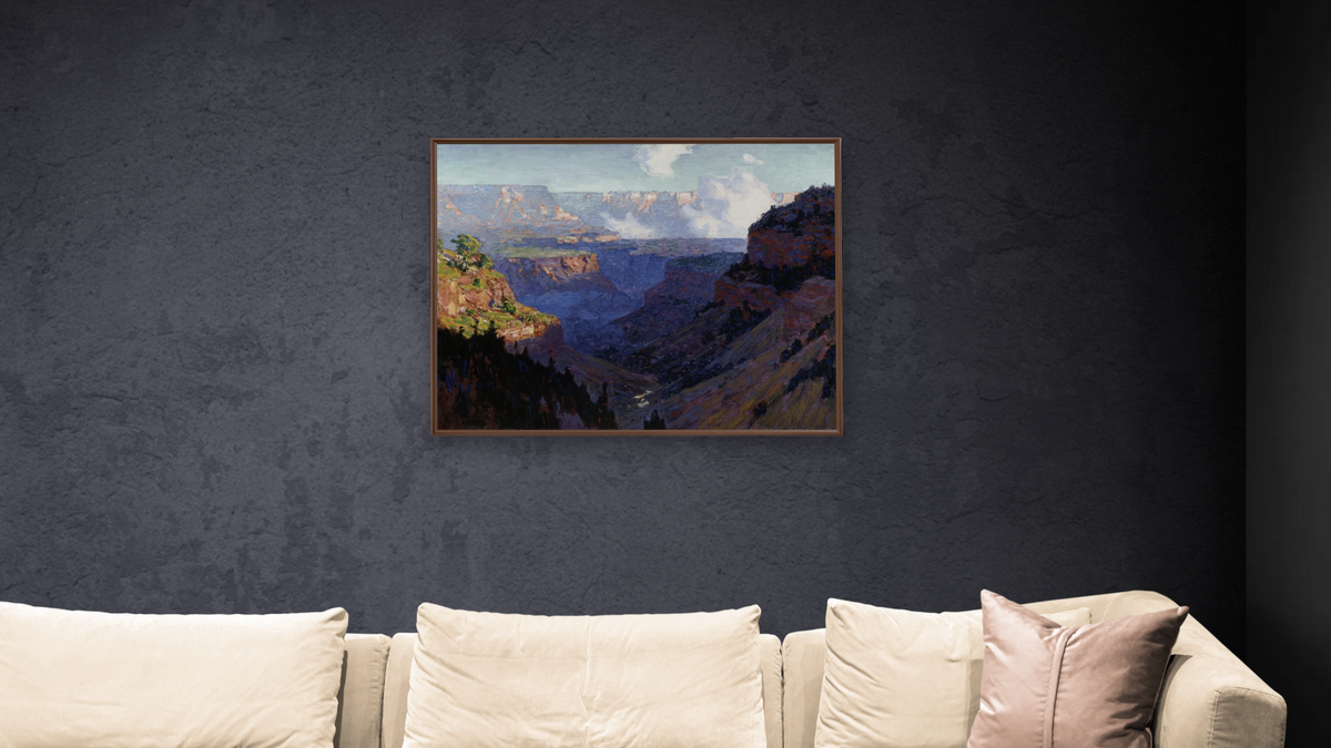 Looking across the Grand Canyon by Edward Henry Potthast I, shown at 32 × 40 in (81.3 × 101.6 cm) on canvas in Arber Warm Walnut, living