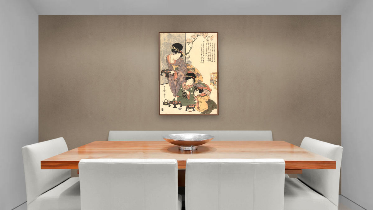 Girl's festival (hinamatsuri) by Kitagawa Utamaro, shown at 28 × 42 in (71.1 × 106.7 cm) on canvas in Arber Warm Walnut, dining