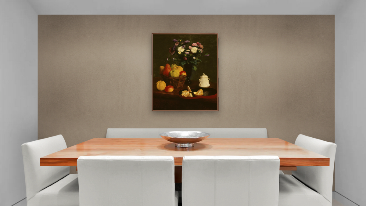 Flowers and fruit by Henri Fantin-Latour, shown at 32 × 40 in (81.3 × 101.6 cm) on canvas in Arber Warm Walnut, dining