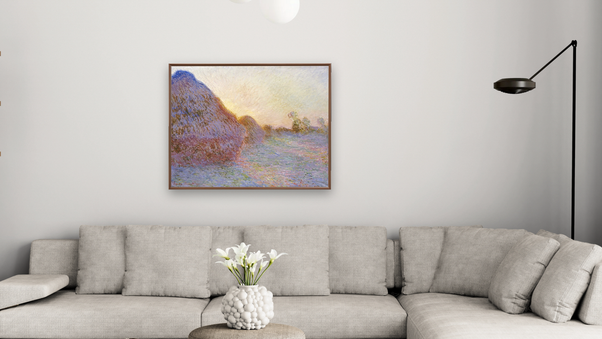 Haystacks by Claude Monet, shown at 32 × 40 in (81.3 × 101.6 cm) on canvas in Arber Warm Walnut, living