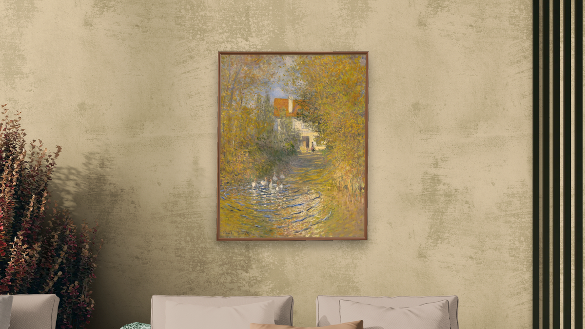 The Geese by Claude Monet, shown at 32 × 40 in (81.3 × 101.6 cm) on canvas in Arber Warm Walnut, living