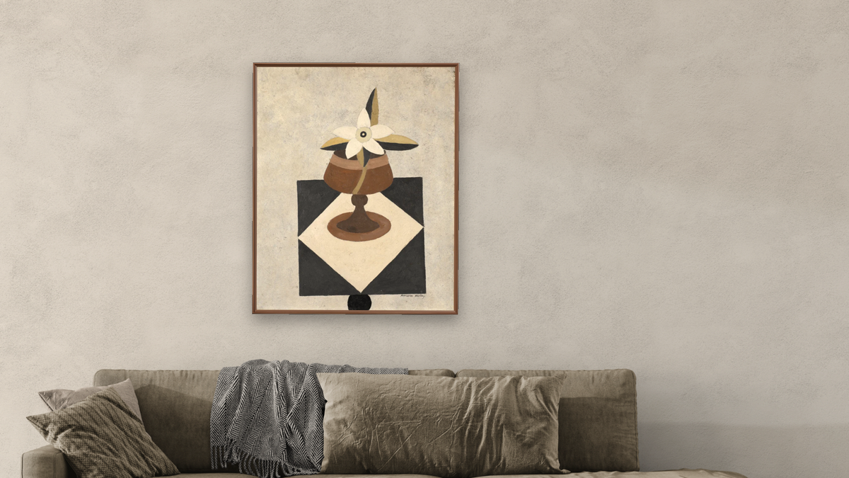 Flowerpiece by Marsden Hartley, shown at 32 × 40 in (81.3 × 101.6 cm) on canvas in Arber Warm Walnut, living
