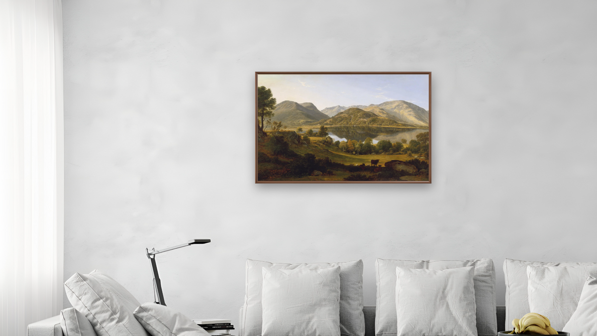 Ullswater, early morning by John Glover, shown at 28 × 42 in (71.1 × 106.7 cm) on canvas in Arber Warm Walnut, living