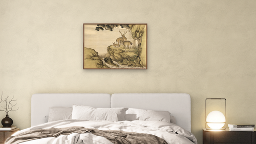 Album of Birds and Animals (Deer) by Shen Nanpin, shown at 30 × 40 in (76.2 × 101.6 cm) on canvas in Arber Warm Walnut, bedroom [arteriel-render:v6:room_a:30x40@45,32]