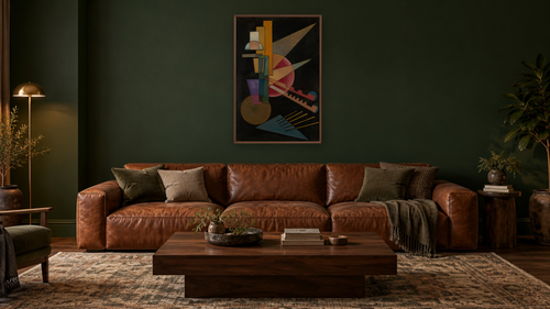 Abstract Interpretation by Wassily Kandinsky, shown at 28 × 42 in (71.1 × 106.7 cm) on canvas in Arber Warm Walnut, den [arteriel-render:v6:room_a:28x42@50,26]