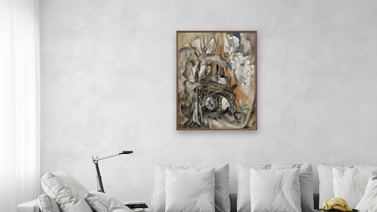 Eiffel Tower with Trees (Tour Eiffel aux arbres) by Robert Delaunay, shown at 30 × 40 in (76.2 × 101.6 cm) on canvas in Arber Warm Walnut, living