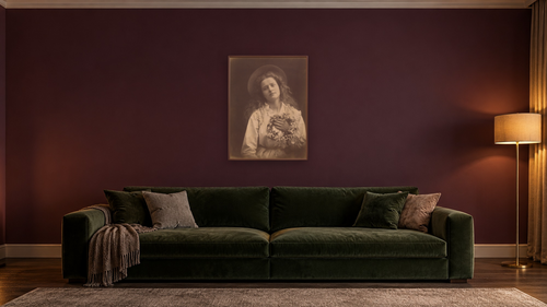 "For I'm to be Queen of the May, Mother, I'm to be Queen of the May" by Julia Margaret Cameron, shown at 30 × 40 in (76.2 × 101.6 cm) on canvas in Arber Warm Walnut, den [arteriel-render:v6:room_a:30x40@49,35]
