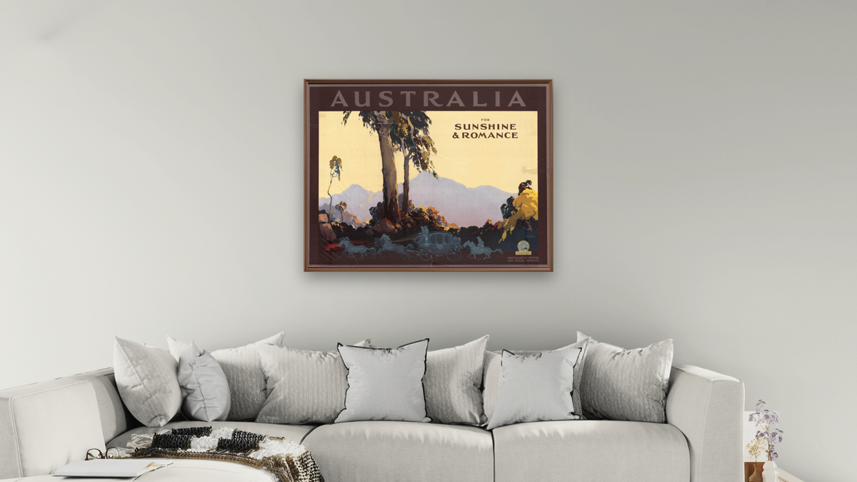 BPL Travel Posters - Landscape by R.Mac Holbert, shown at 32 × 40 in (81.3 × 101.6 cm) on canvas in Arber Warm Walnut, living