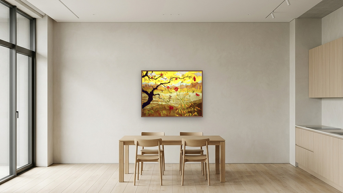 Apple Tree with Red Fruit by Paul Elie Ranson, shown at 30 × 40 in (76.2 × 101.6 cm) on canvas in Arber Warm Walnut, kitchen