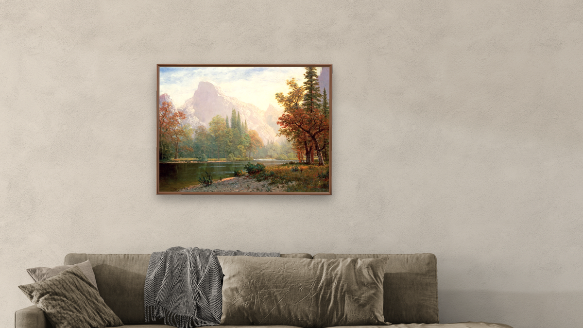 Half Dome: Yosemite by Albert Bierstadt, shown at 30 × 40 in (76.2 × 101.6 cm) on canvas in Arber Warm Walnut, living