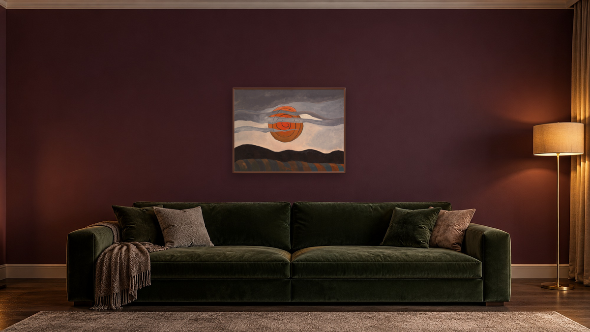 Red Sun by Arthur G. Dove, shown at 30 × 40 in (76.2 × 101.6 cm) on canvas in Arber Warm Walnut, den