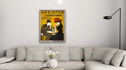 Absinthe poster by Leonetto Cappiello, shown at 30 × 40 in (76.2 × 101.6 cm) on canvas in Arber Warm Walnut, living [arteriel-render:v6:room_a:30x40@42,37]