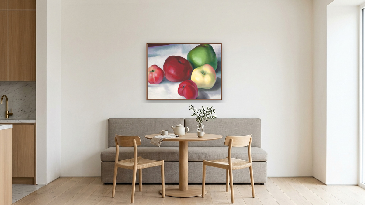 Apple Family 3 by Georgia O'Keeffe, shown at 30 × 40 in (76.2 × 101.6 cm) on canvas in Arber Warm Walnut, kitchen