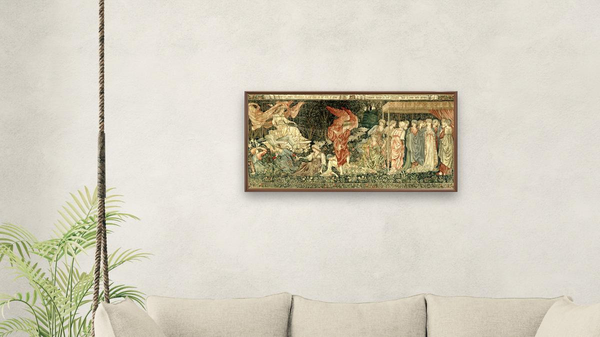 Passing of Venus by Edward Burne-Jones, shown at 20 × 40 in (50.8 × 101.6 cm) on canvas in Arber Warm Walnut, living
