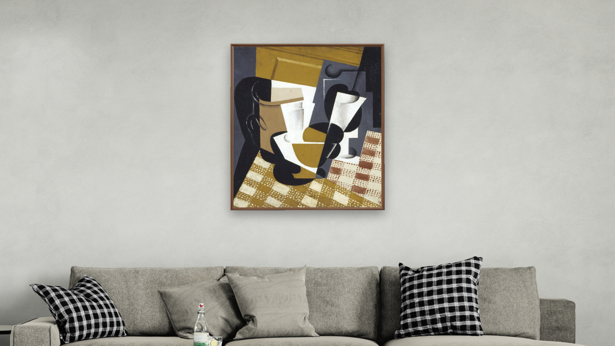 Broc et Verre (Wine Jug and Glass) by Juan Gris, shown at 32 × 40 in (81.3 × 101.6 cm) on canvas in Arber Warm Walnut, living