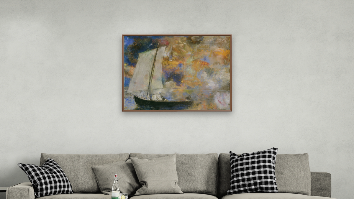 Flower Clouds by Odilon Redon, shown at 32 × 40 in (81.3 × 101.6 cm) on canvas in Arber Warm Walnut, living