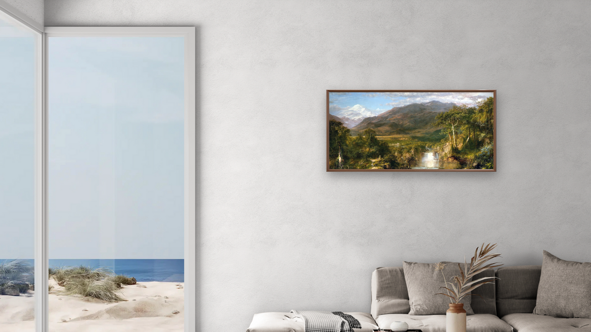 Heart of the Andes by Frederic Edwin Church, shown at 20 × 40 in (50.8 × 101.6 cm) on canvas in Arber Warm Walnut, living