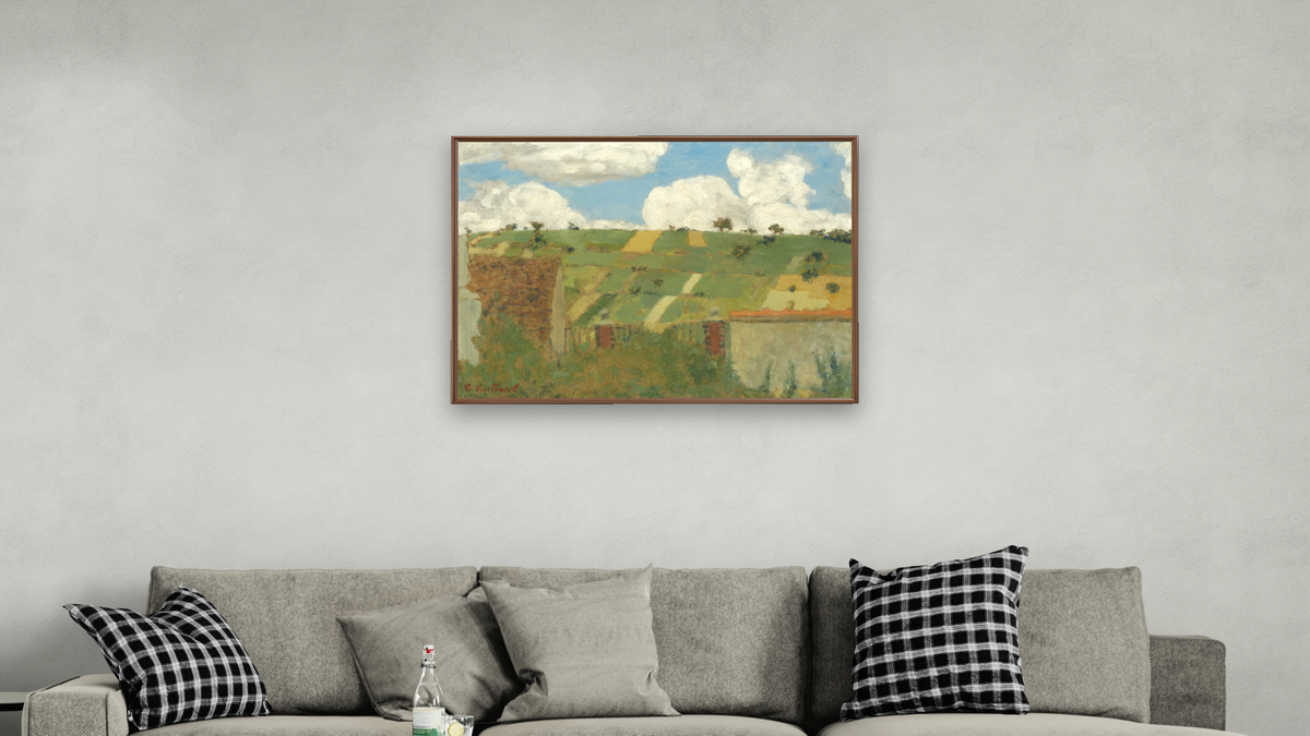 Landscape of the Ile-de-France by Edouard Vuillard, shown at 30 × 40 in (76.2 × 101.6 cm) on canvas in Arber Warm Walnut, living