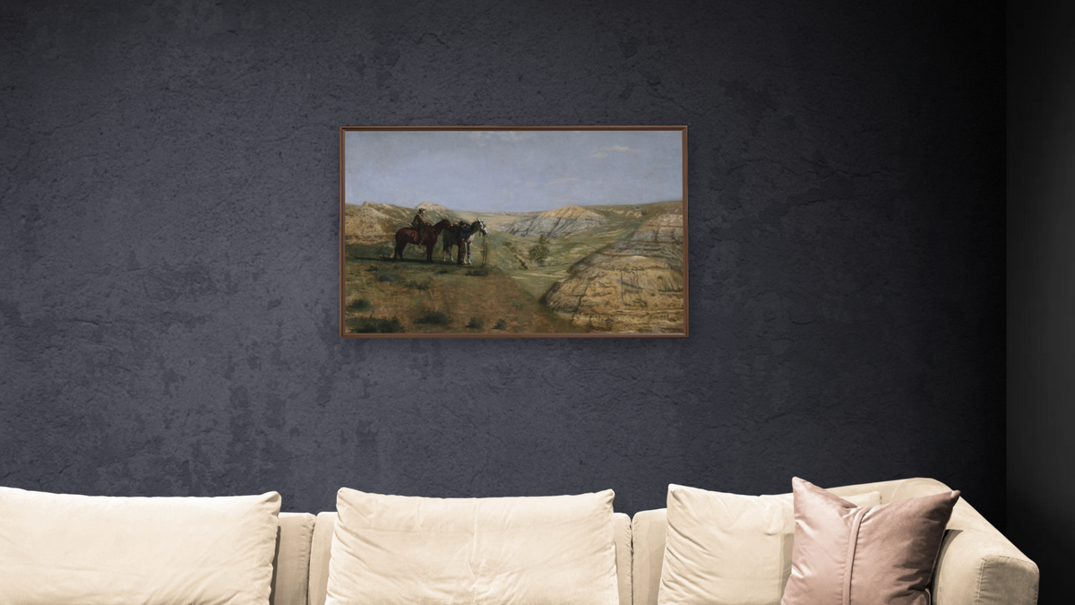 Cowboys in the Badlands by Thomas Eakins, shown at 28 × 42 in (71.1 × 106.7 cm) on canvas in Arber Warm Walnut, living
