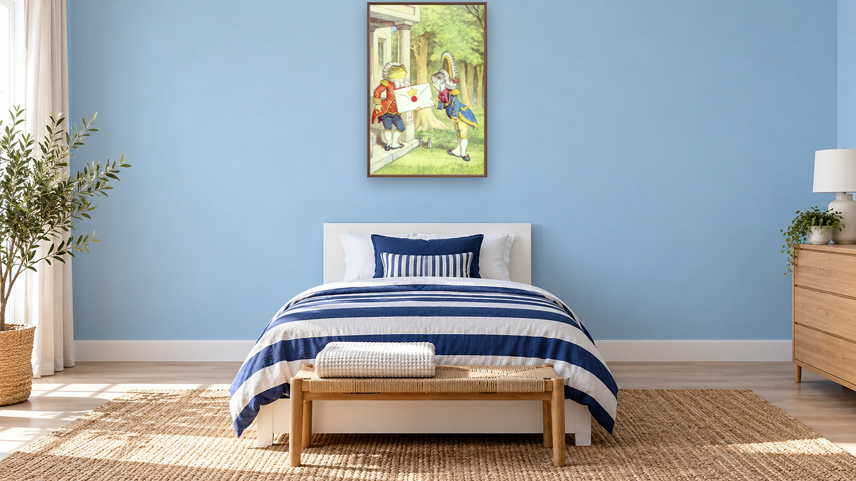 The Fish-Footman Delivering an Invitation to the Duchess, illustration from 'Alice in Wonderland' by Lewis Carroll by John Tenniel, shown at 28 × 42 in (71.1 × 106.7 cm) on canvas in Arber Warm Walnut, kids' room
