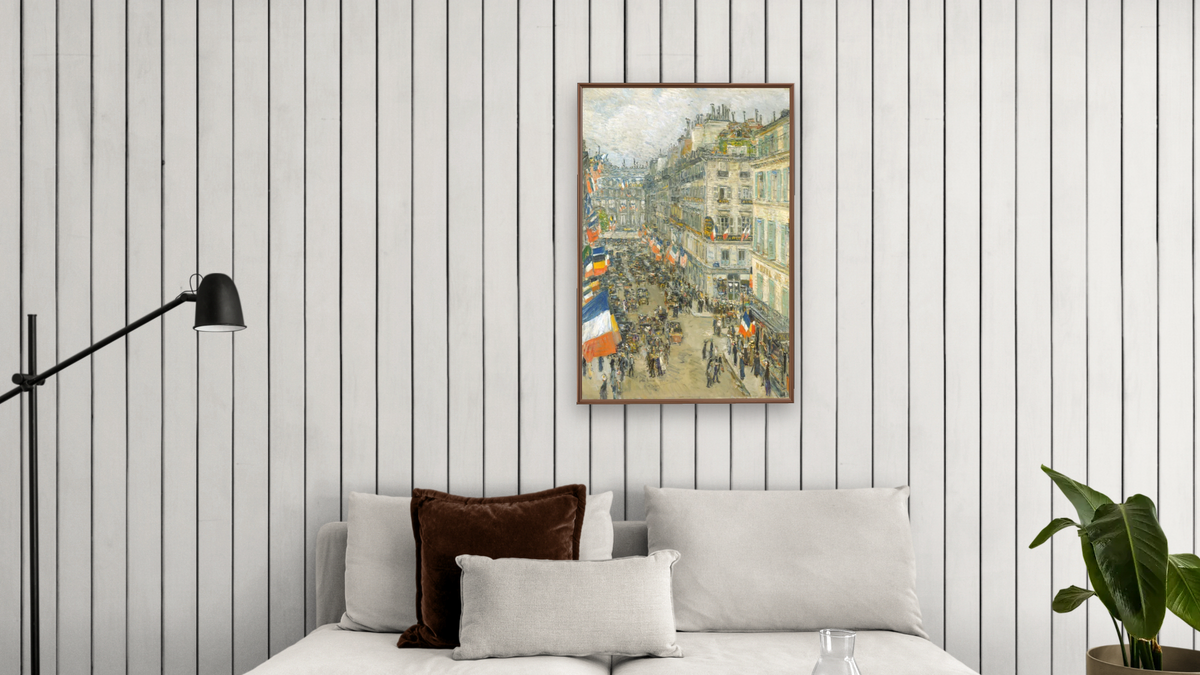 July Fourteenth, Rue Daunou by Childe Hassam, shown at 28 × 42 in (71.1 × 106.7 cm) on canvas in Arber Warm Walnut, living