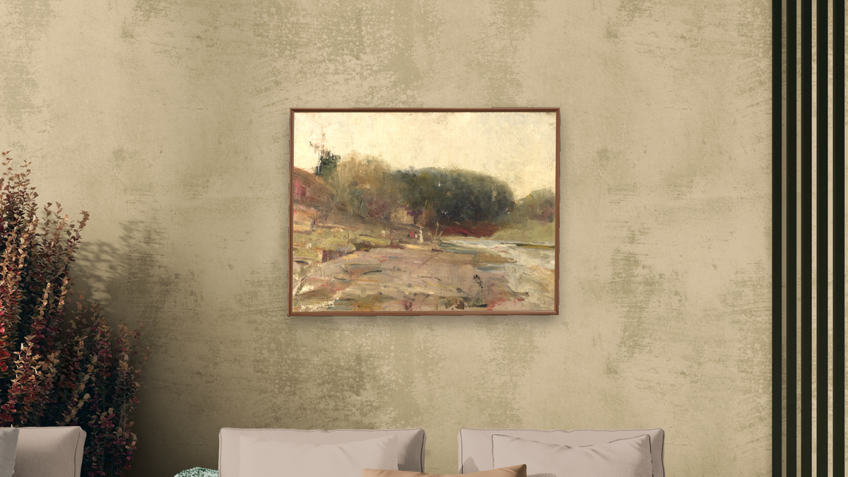 On the River Yarra, near Heidelberg, Victoria by Charles Conder, shown at 30 × 40 in (76.2 × 101.6 cm) on canvas in Arber Warm Walnut, living