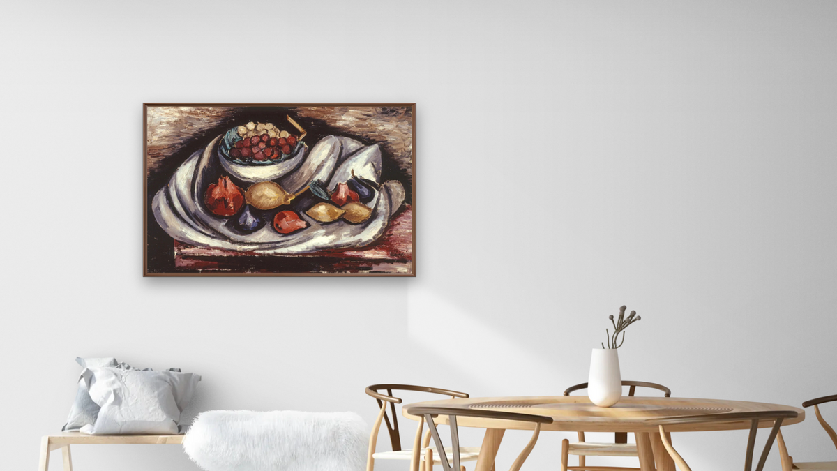 Still Life with Compote and Fruit by Marsden Hartley, shown at 28 × 42 in (71.1 × 106.7 cm) on canvas in Arber Warm Walnut, dining