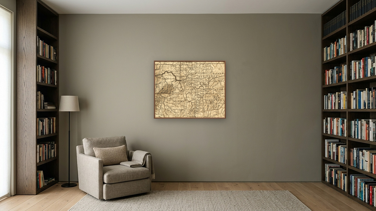 Map of Nez Perce Territory (The North American Indian, v. VIII. Norwood, MA: The Plimpton Press, 1911) by Edward Sheriff Curtis, shown at 32 × 40 in (81.3 × 101.6 cm) on canvas in Arber Warm Walnut, library