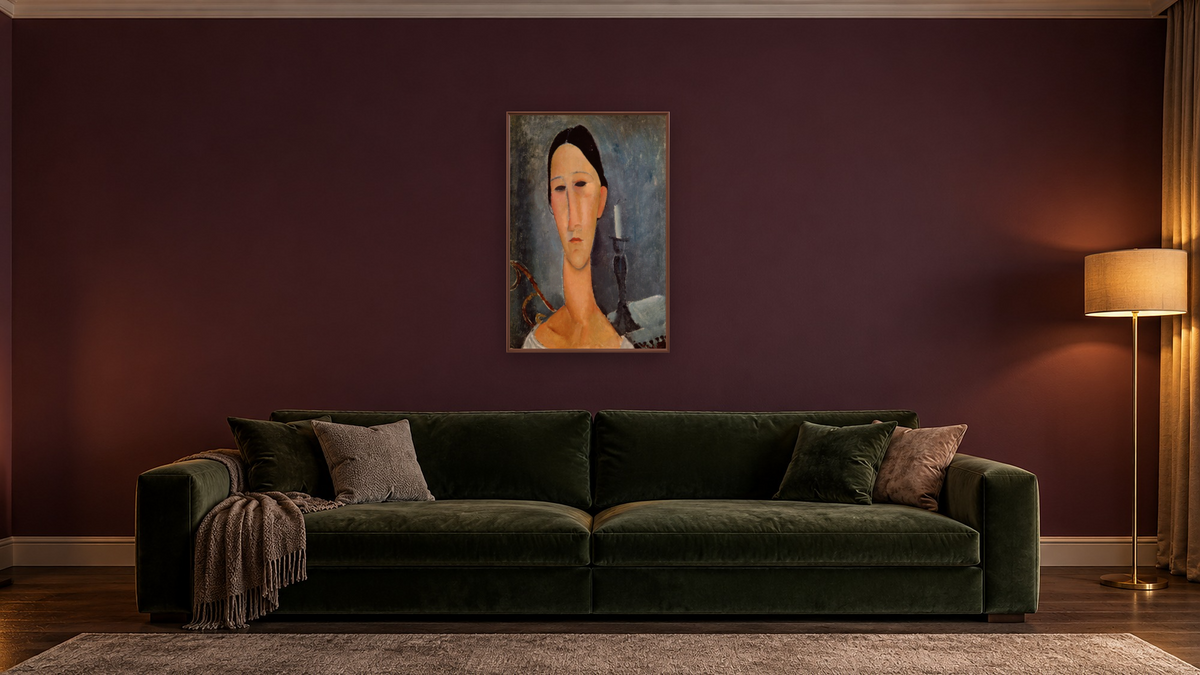 Hanka Zborowska with a Candlestick by Amedeo Modigliani, shown at 28 × 42 in (71.1 × 106.7 cm) on canvas in Arber Warm Walnut, den