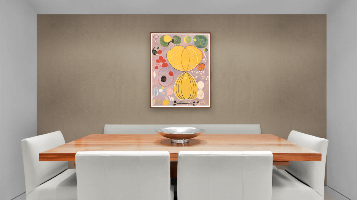 Group IV, The Ten Largest, No. 7, Adulthood by Hilma af Klint, shown at 30 × 40 in (76.2 × 101.6 cm) on canvas in Arber Warm Walnut, dining
