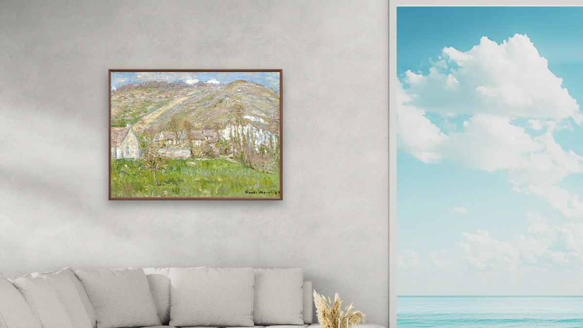 Hamlet On The Cliffs Near Giverny by Claude Monet, shown at 30 × 40 in (76.2 × 101.6 cm) on canvas in Arber Warm Walnut, living