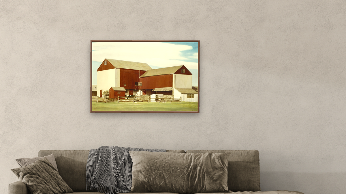 Bucks County Barn by Charles Sheeler, shown at 28 × 42 in (71.1 × 106.7 cm) on canvas in Arber Warm Walnut, living