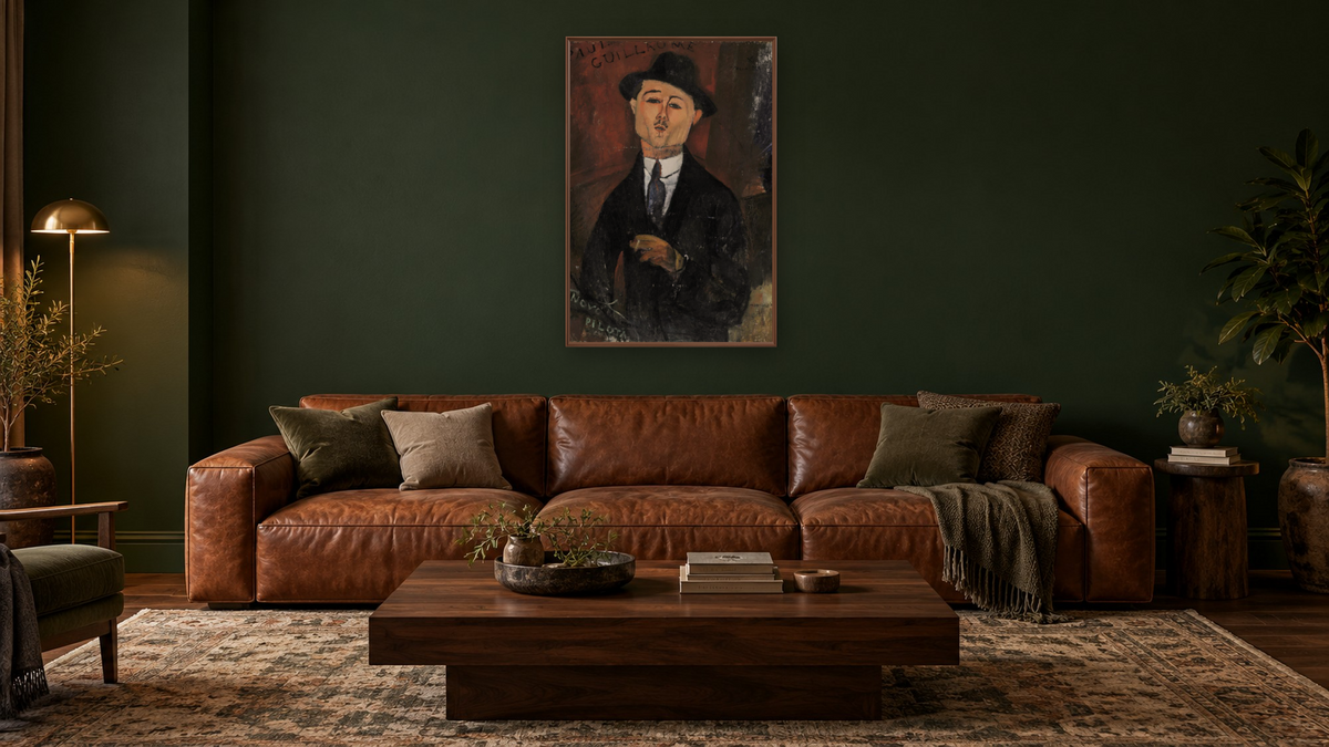 Paul Guillaume, Novo Pilota by Amedeo Modigliani, shown at 28 × 42 in (71.1 × 106.7 cm) on canvas in Arber Warm Walnut, den