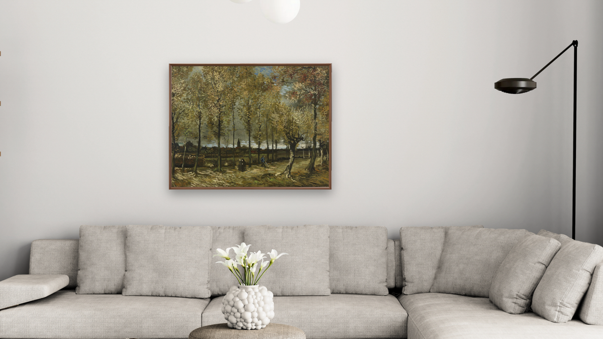 Lane with Poplars near Nuenen by Vincent van Gogh, shown at 32 × 40 in (81.3 × 101.6 cm) on canvas in Arber Warm Walnut, living