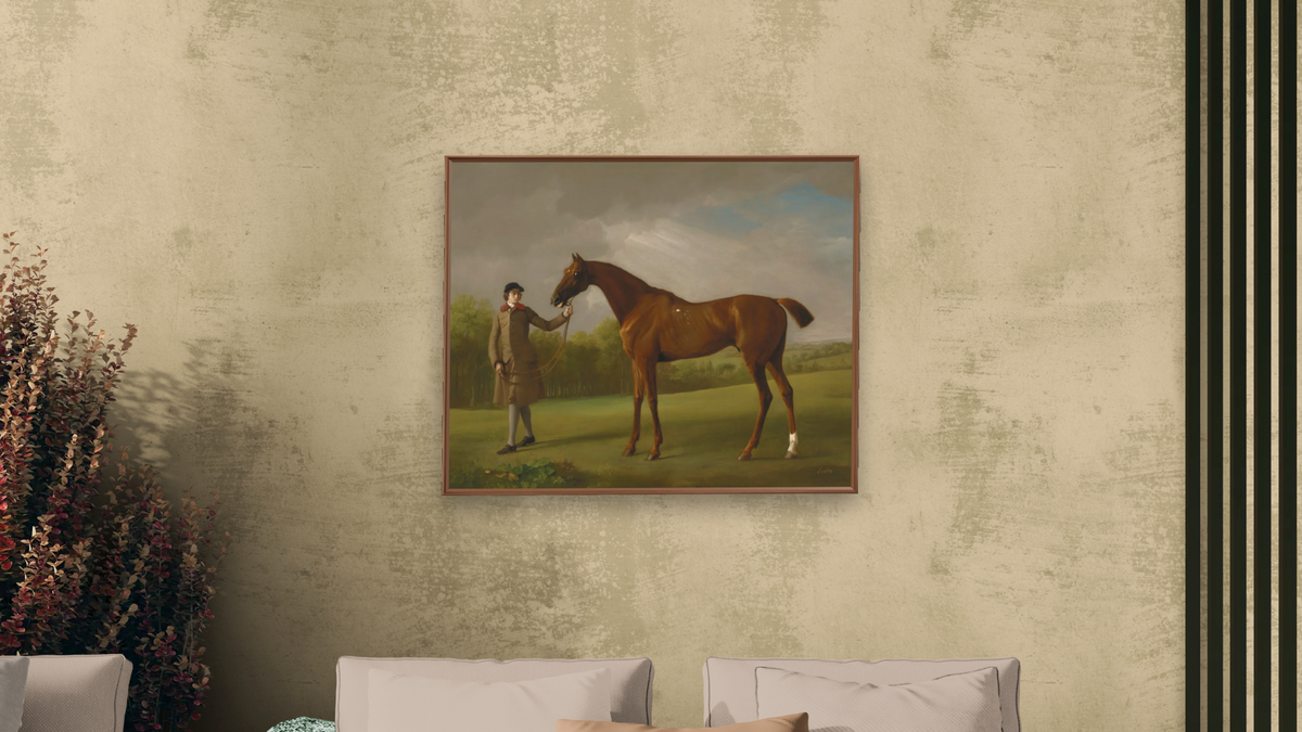 Lustre, held by a Groom by George Stubbs, shown at 32 × 40 in (81.3 × 101.6 cm) on canvas in Arber Warm Walnut, living