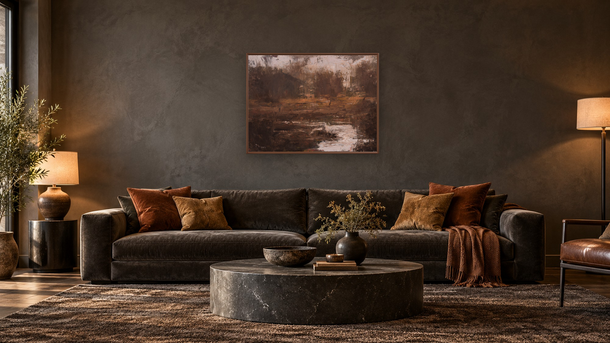 Overgrown by Donald Darst, shown at 30 × 40 in (76.2 × 101.6 cm) on canvas in Arber Warm Walnut, den