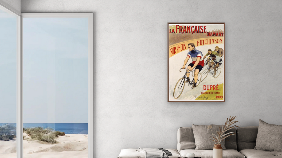 La Francaise Diamant Poster by Pierre Gonzague Privat, shown at 28 × 42 in (71.1 × 106.7 cm) on canvas in Arber Warm Walnut, living