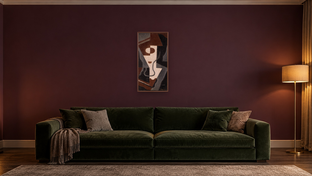 Glass by Juan Gris, shown at 20 × 40 in (50.8 × 101.6 cm) on canvas in Arber Warm Walnut, den