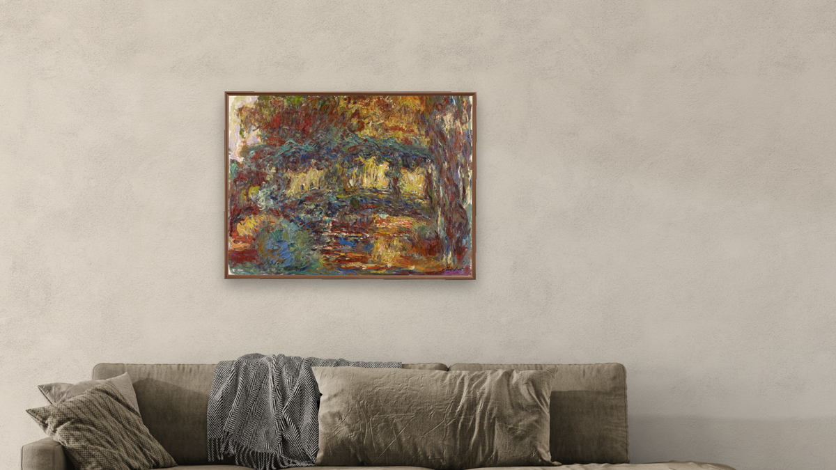 The Japanese Bridge by Claude Monet, shown at 30 × 40 in (76.2 × 101.6 cm) on canvas in Arber Warm Walnut, living