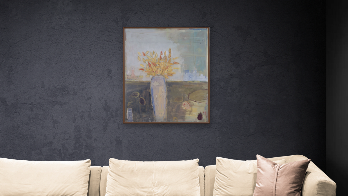 Still Life, Urban Yard by Stephen Dinsmore, shown at 32 × 40 in (81.3 × 101.6 cm) on canvas in Arber Warm Walnut, living