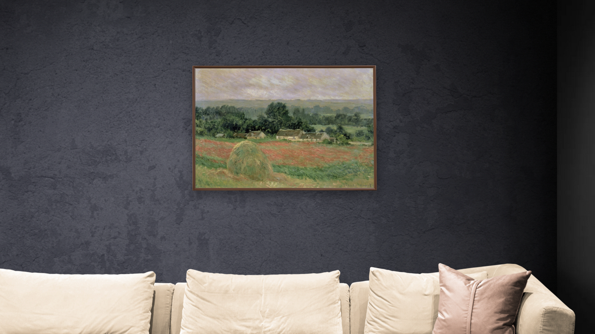 Haystack at Giverny by Claude Monet, shown at 30 × 40 in (76.2 × 101.6 cm) on canvas in Arber Warm Walnut, living