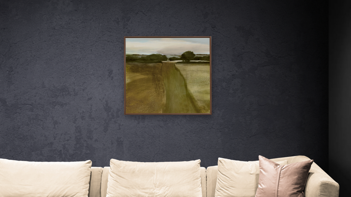 Oak View by Dan Hobday, shown at 32 × 32 in (81.3 × 81.3 cm) on canvas in Arber Warm Walnut, living