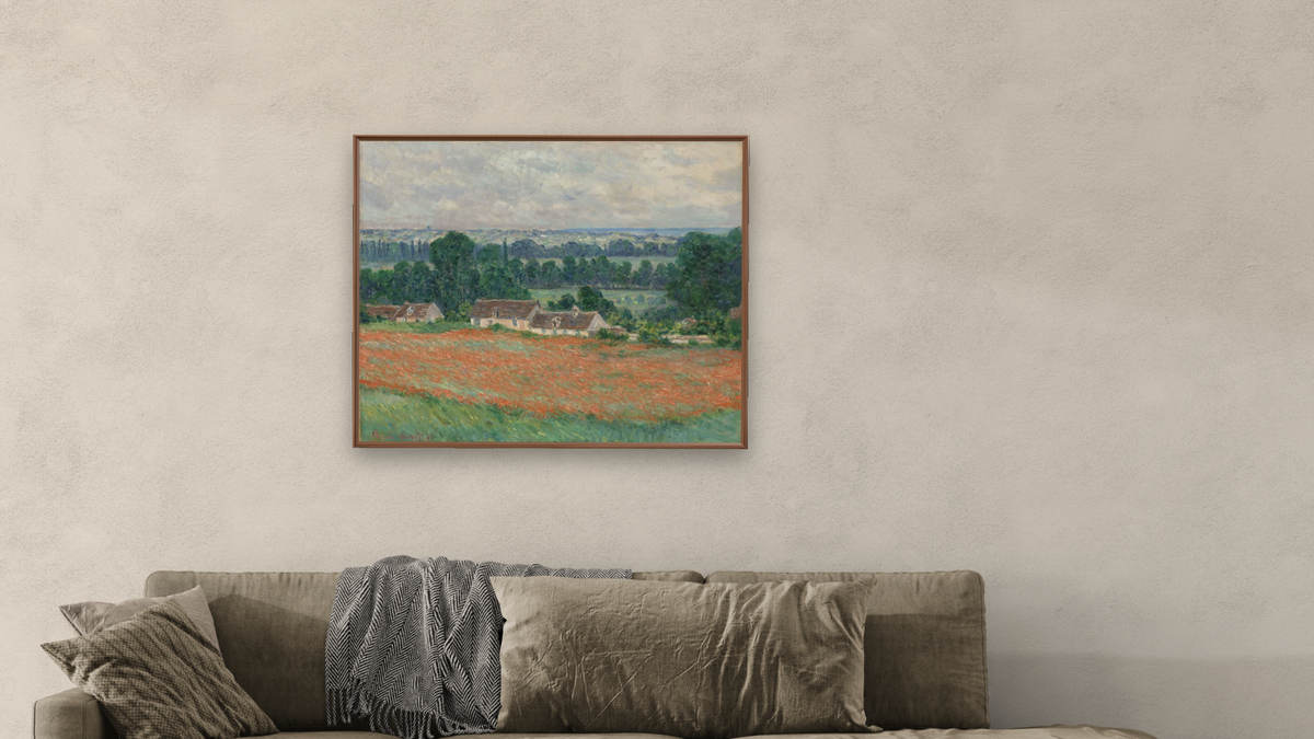 Field of Poppies, Giverny by Claude Monet, shown at 32 × 40 in (81.3 × 101.6 cm) on canvas in Arber Warm Walnut, living