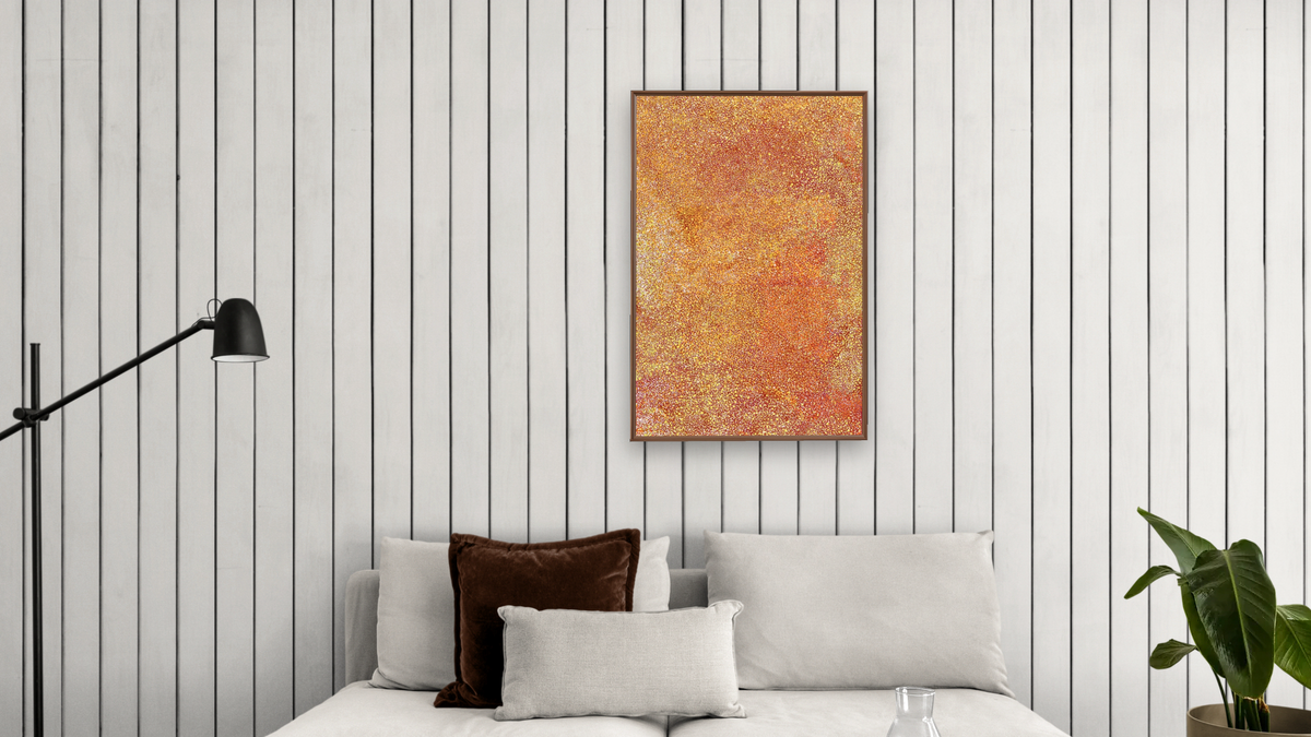 My Mother's Country, Emu Seed by Polly Ngale, shown at 28 × 42 in (71.1 × 106.7 cm) on canvas in Arber Warm Walnut, living