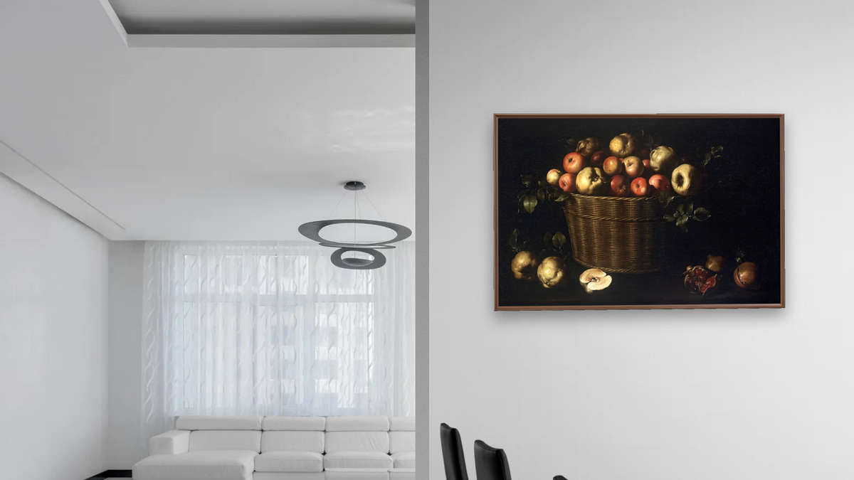 Panera de pomes, codonys i magranes by Juan de Zurbarán, shown at 28 × 42 in (71.1 × 106.7 cm) on canvas in Arber Warm Walnut, dining