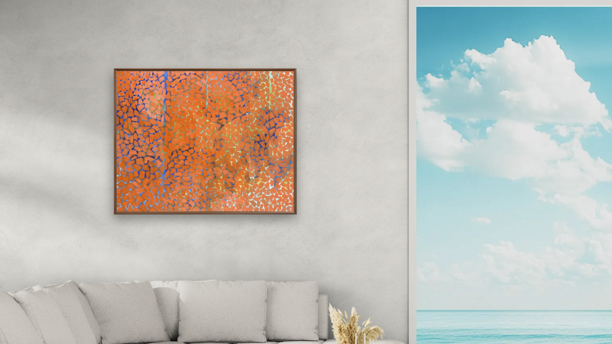 Autumn Leaves Fluttering in the Breeze by Alma Thomas, shown at 32 × 40 in (81.3 × 101.6 cm) on canvas in Arber Warm Walnut, living
