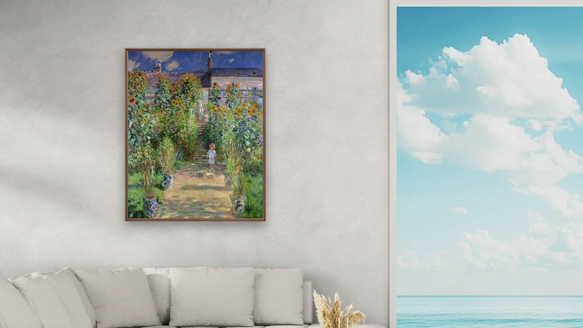 The Artist's Garden at Vetheuil by Claude Monet, shown at 32 × 40 in (81.3 × 101.6 cm) on canvas in Arber Warm Walnut, living