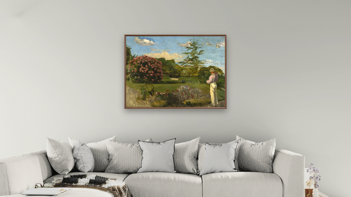 The Little Gardner by Frederic Bazille, shown at 30 × 40 in (76.2 × 101.6 cm) on canvas in Arber Warm Walnut, living