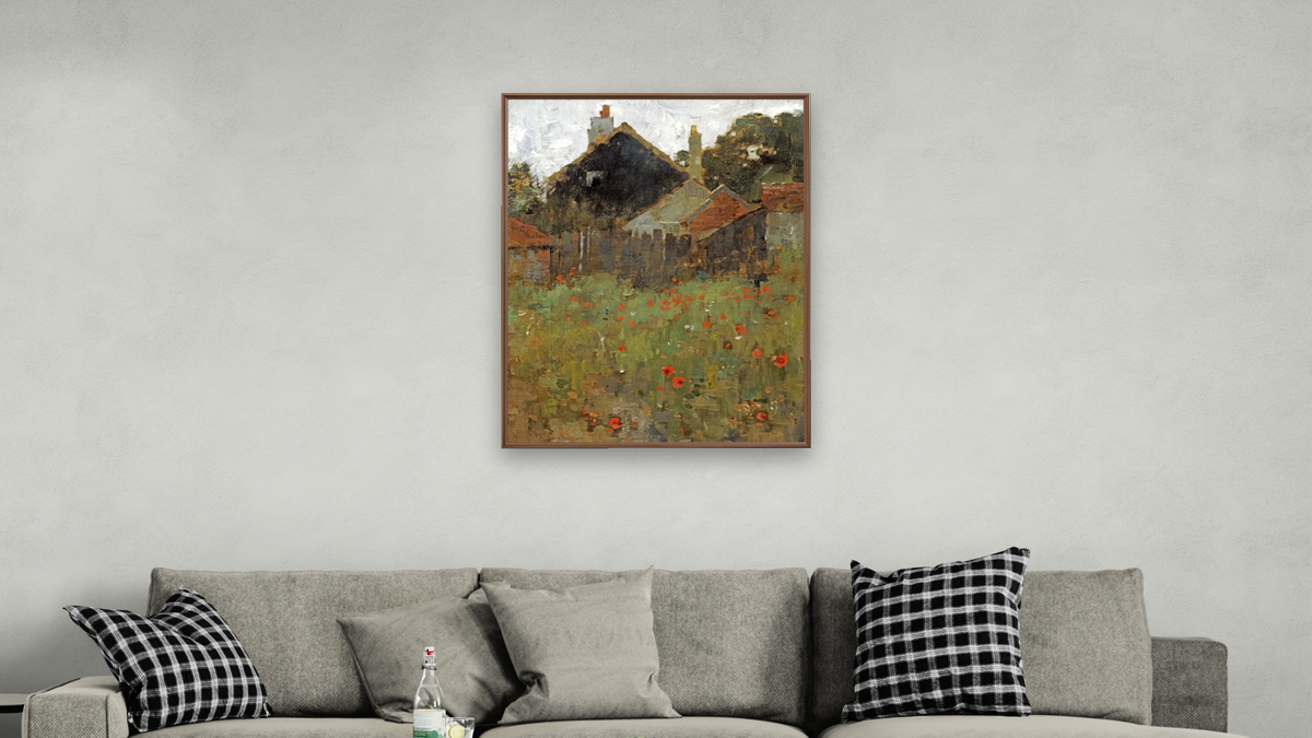 The Poppy Field by Willard LeRoy Metcalf, shown at 30 × 40 in (76.2 × 101.6 cm) on canvas in Arber Warm Walnut, living